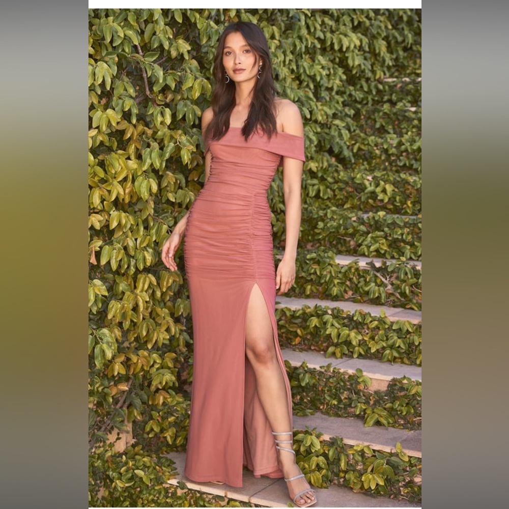 Revel in the Romance Dusty Rose Mesh Off-The-Shoulder Maxi Dress